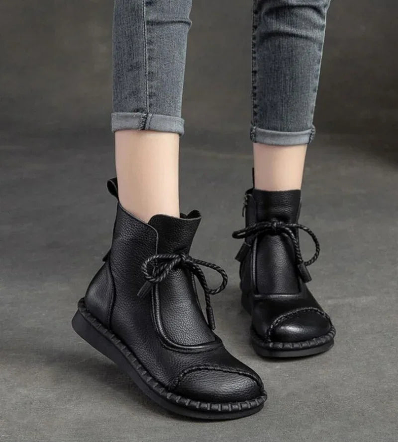 Women's Boots Spring Autumn New Retro Non-Slip Soft Bottom Flat Shoes Comfortable Soft Cowhide Ankle Boots