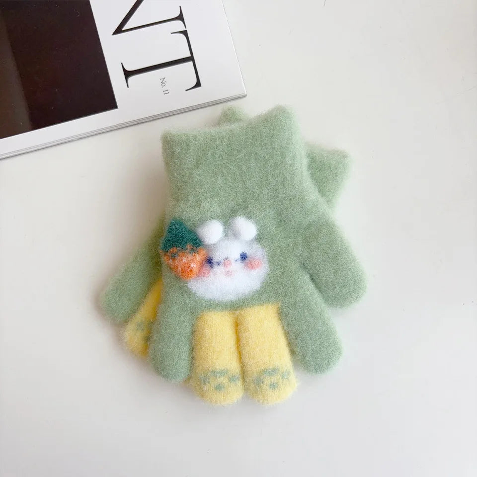 3-6Ages Children's Cute Strawberry Rabbit Kids Warm Gloves Autumn Winter Baby Boys Girls Five Finger Mittens Kindergarten Glove