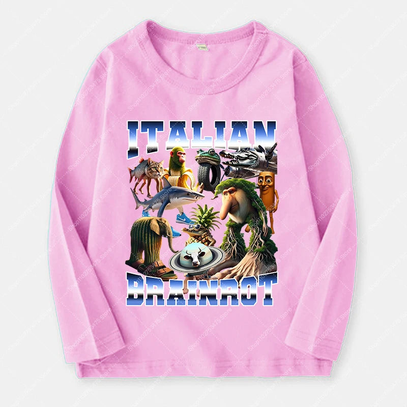 Italian Brainrot Long Sleeve T-shirt for Kids Funny Meme Children Autumn Tops Tung Tung Tung Sahur Tee Boy Girl Clothing Gifts