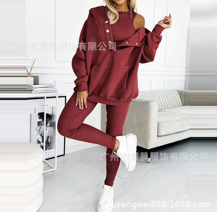 Two Piece Set for Women 2024 Solid Color Casual Comfortable Loose Fitting Long Sleeved Hoodie and Sports Plain Long Pants Set