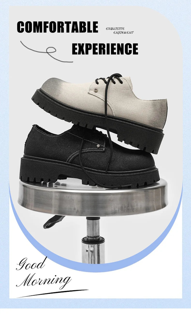 New Mens Derby Shoes British-Style Big Round-Toe Chunky Platform Sneakers Original Breathable Casual Shoes for Streetwear &Daily