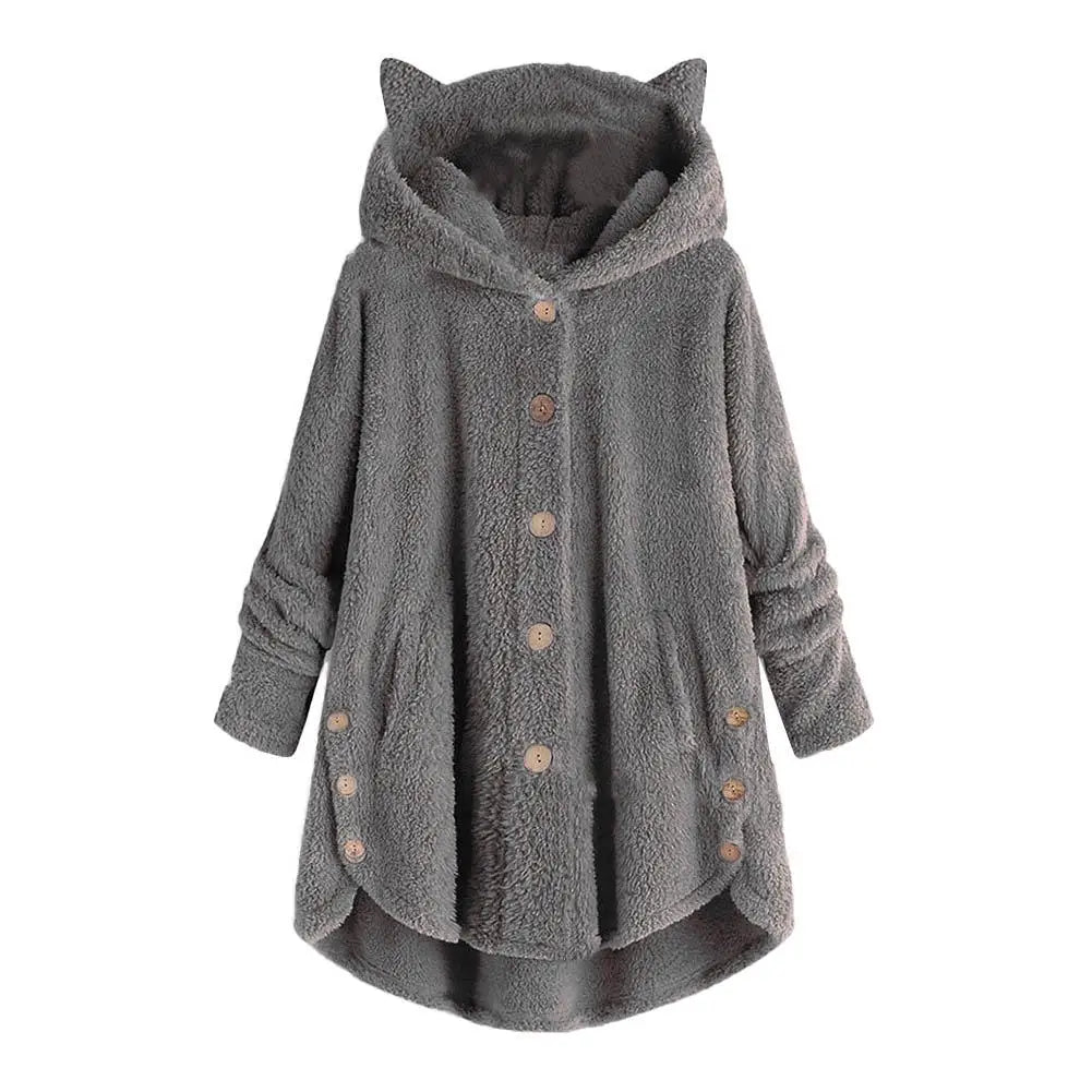 Cat's Ears Women Hoodie Plus Warm Hooded Sweatshirt Cute Winter Cute Ears Hooded Irregular Hem Buttons Jacket Fleece Coat