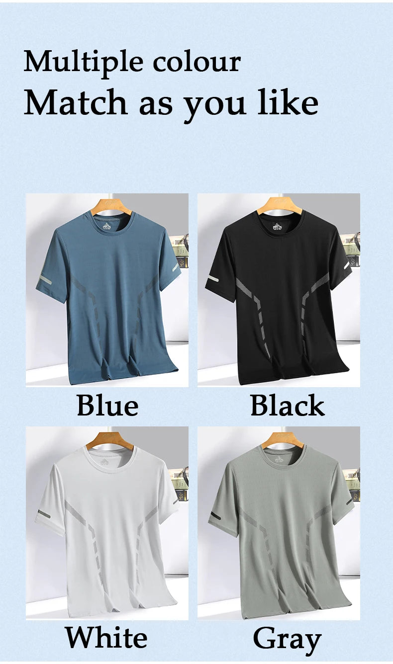 Men Running T-shirt Breathable Stretch Summer Top Gym Fitness Running Thin Short Sleeve Sportswear M-5XL Gray Blue Black White