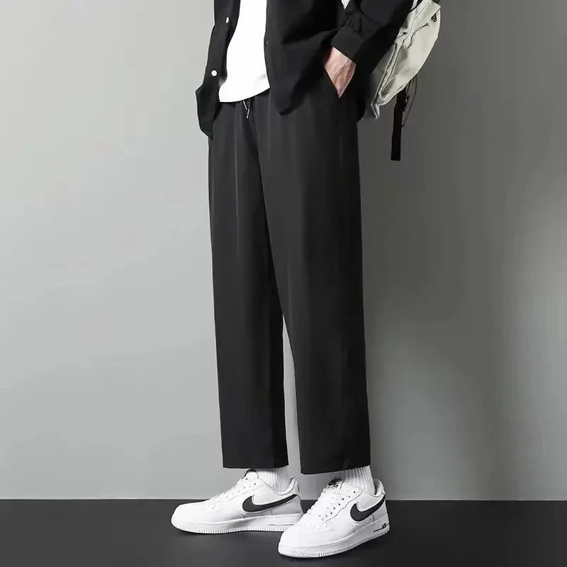 Men's Ice Silk Straight-Leg Pants Loose Fit Lightweight Casual Trousers Trendy Quick Dry Pants Men's Draped Bell Bottoms