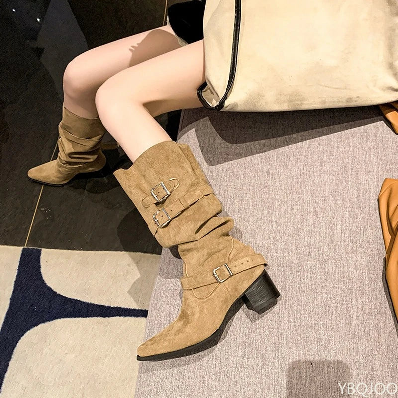Spring and Autumn Fashion New Pointed Cowboy Coarse Heel Stacked Boots New Style No Knee Large Barrel Giroud Women's Boots