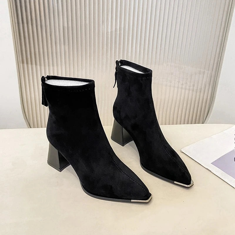 Fashion Pointed Toe Suede Single Boots 2025 New Temperament Block Heel Fashion Boots Booties Women