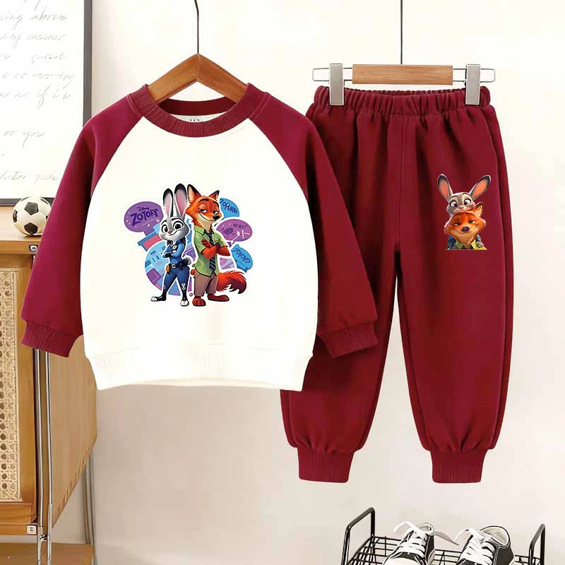 Disney Zootopia Cartoon Printed Children Autumn Clothing Set Fashion Splicing Sleeve O-Neck Hoodies and Long Pants 2Pcs Set Wear