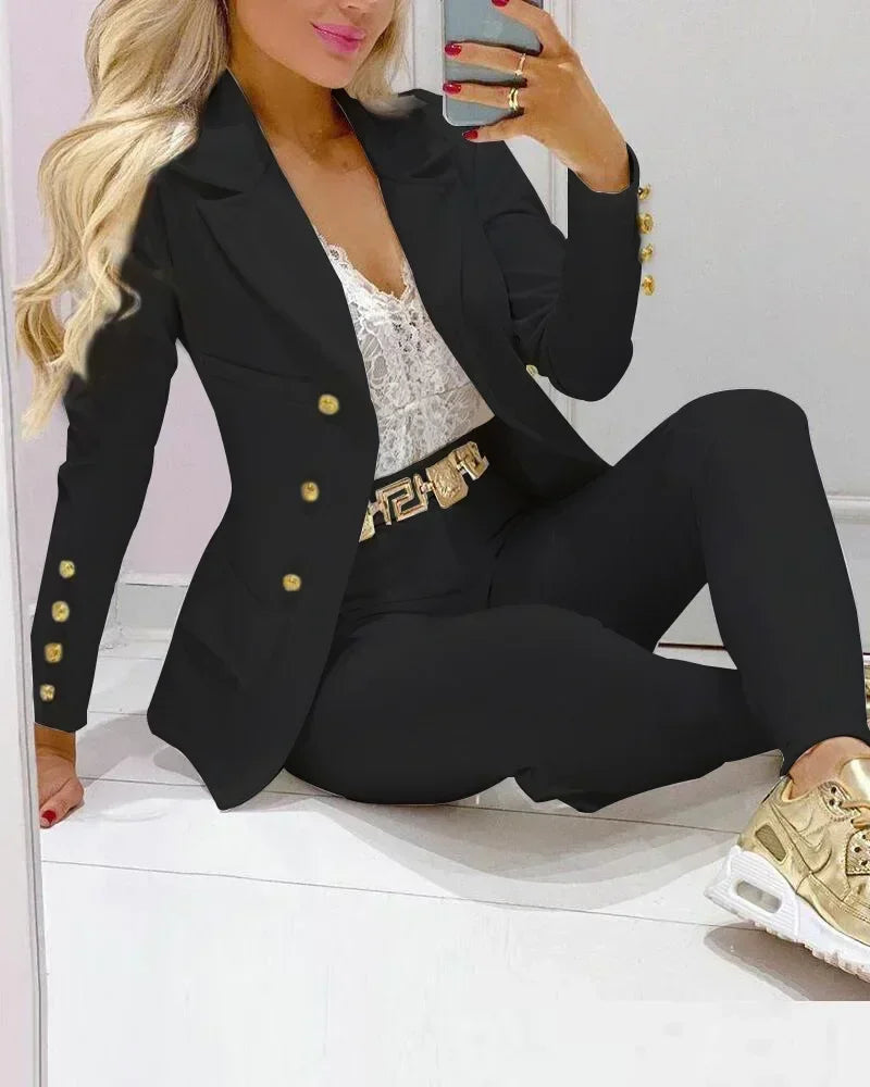 2025 Spring Autumn Two Piece Set Women Office Tracksuits For Ladies Outfits Lapel Collar Double Breasted Blazer Suit Pants Set