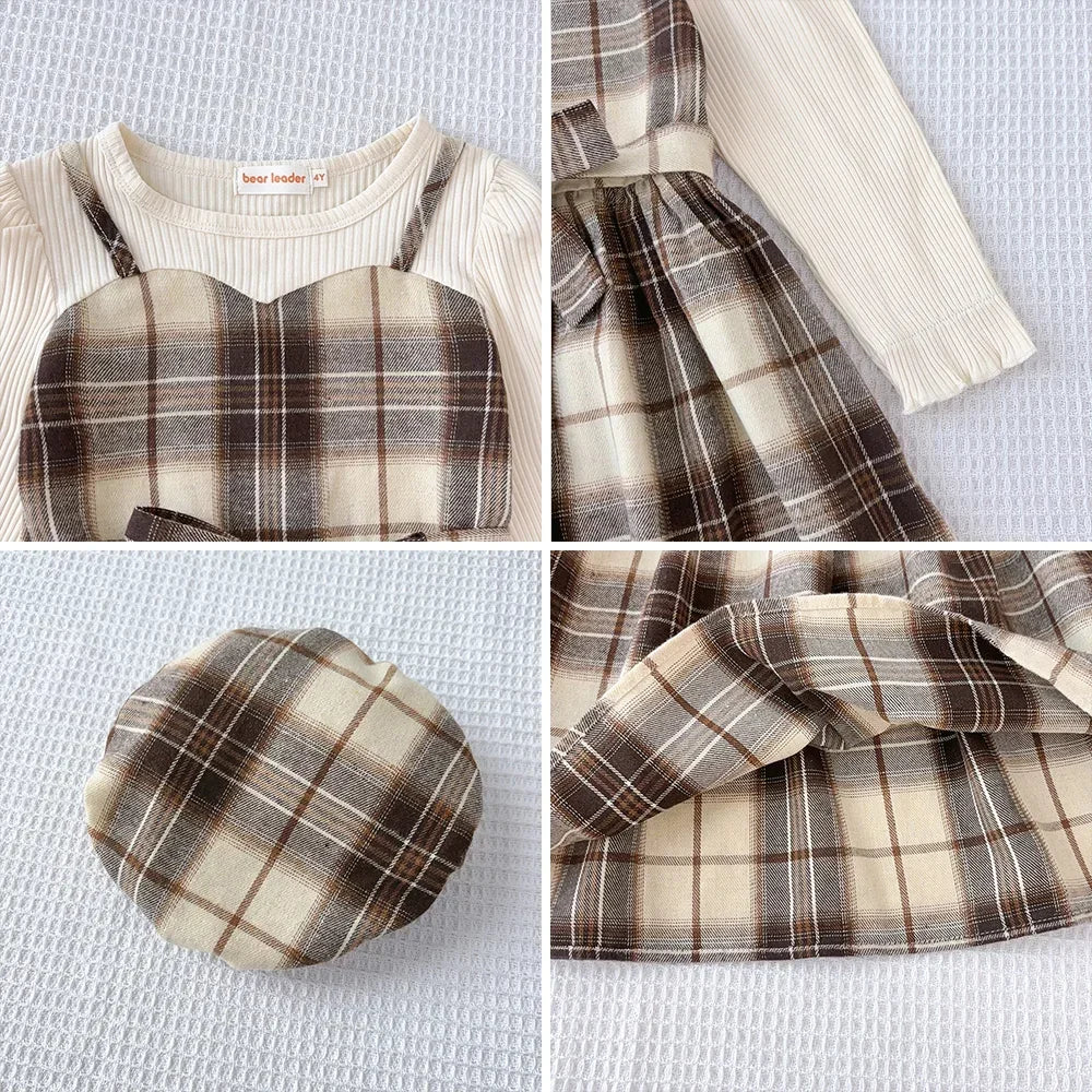 Korean Version Long Sleeved Shirt Fake Two-piece with Belt+Print Hat Outfits 3-7 Years Old Autumn New Plaid Girls Casual Dresses