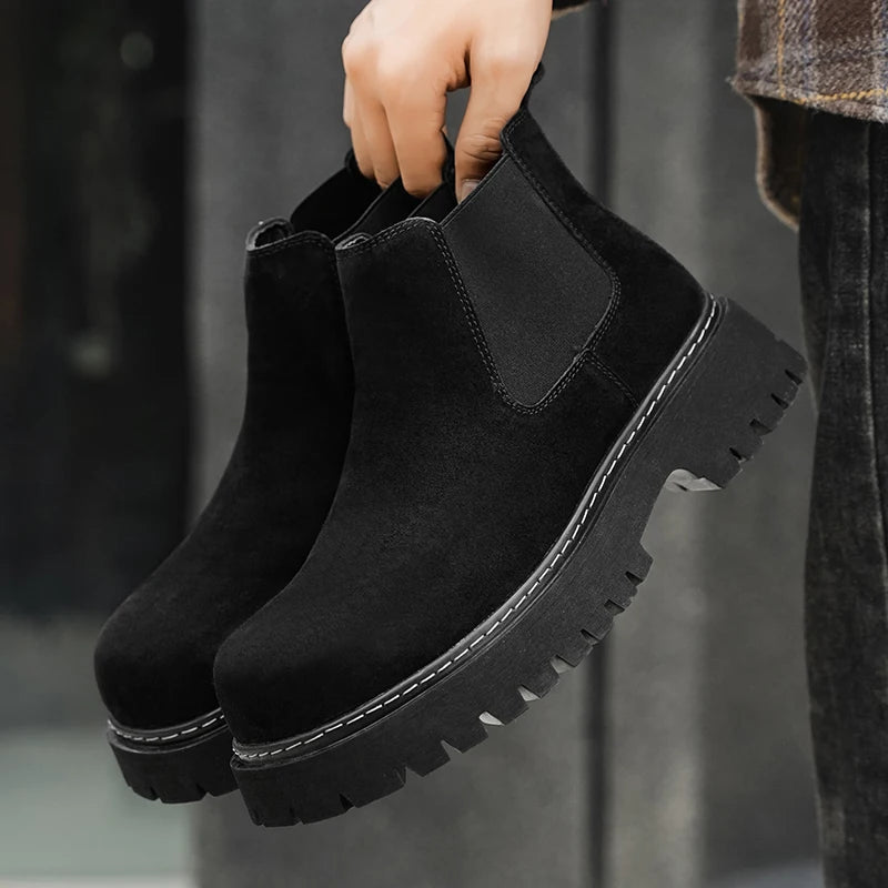 High Quality Fashion Mens Boots Black Boots Fashion Casual British Style Thick Bottomed Mid-top Chelsea Boots Large Size