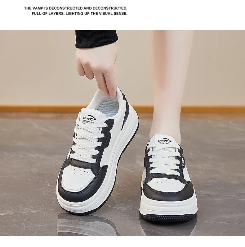 Women's White Shoes2025Autumn New Thick-Soled Platform Shoes Leather Surface All-Season Casual Sports Shoes for Women
