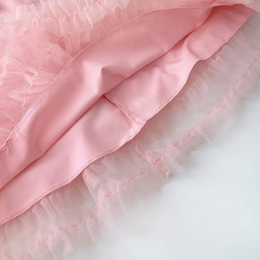 Pink Dreamy Sweet Girl Fairy Princess Dress Sleeveless Bow Decoration Mesh Lace Children's Casual Clothes Birthday Party Summer