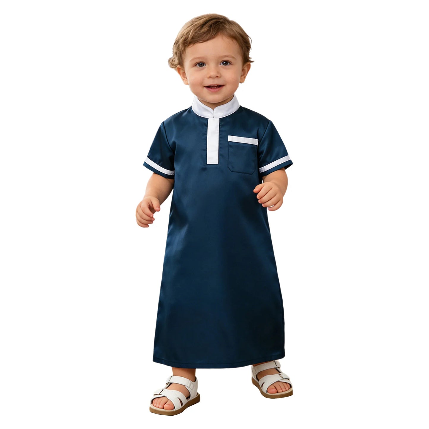 Muslim Baby Boys Robe Ramadan Eid Abaya Stand Collar Short Sleeve Satin Dress Gown with Pocket Arabic Islamic Dubai Kaftan Thobe