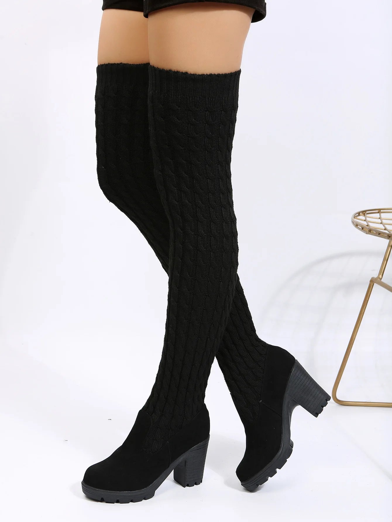 Women's Boots 2026 Autumn Winter High Heels Boots for Woman Shoes Knitting Wool Long Boot Women Brown/Black Boot Ladies Shoes