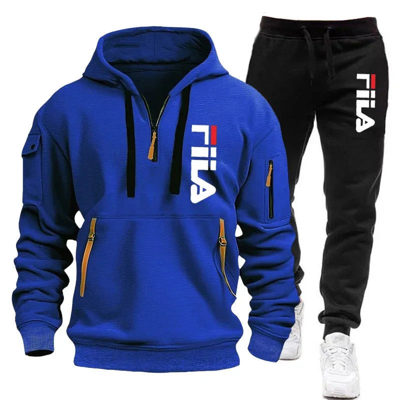 Autumn and Winter 2025 new men's hooded sweatshirt + pants two-piece set, outdoor multi-pocket men's pullover sportswear set
