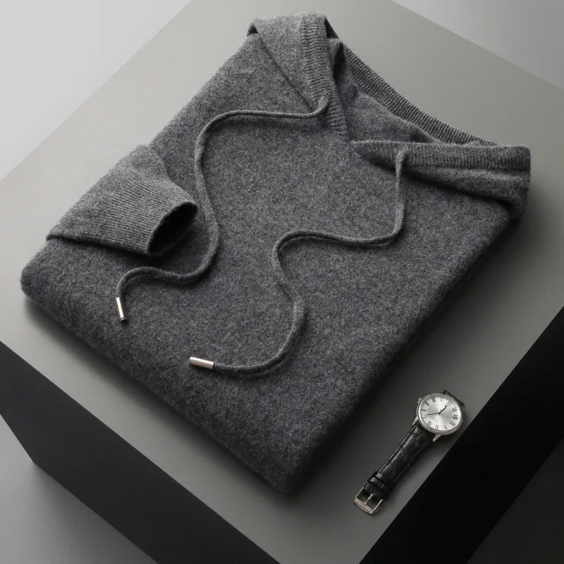 Men's One-piece ready-to-wear Hoodie 100% Merino Wool Knitted Sweatshirt Autumn Winter Casual Large Top Long Sleeved
