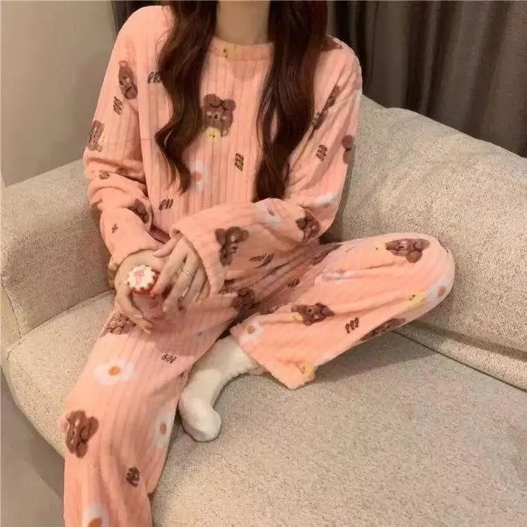 Autumn Winter Plu Print Bear Home Clothes Set Comfortable Long Sve Crew Ne Sweatirt And Pants Spwear for Young Women