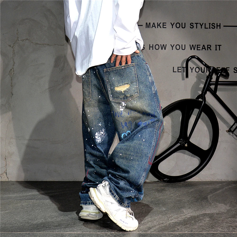 High End Men'S Clothing Hip Hop Graffiti Baggy Jeans For Men Streetwear Skateboard Ripped Jeans Korean Trendy Denim Trousers