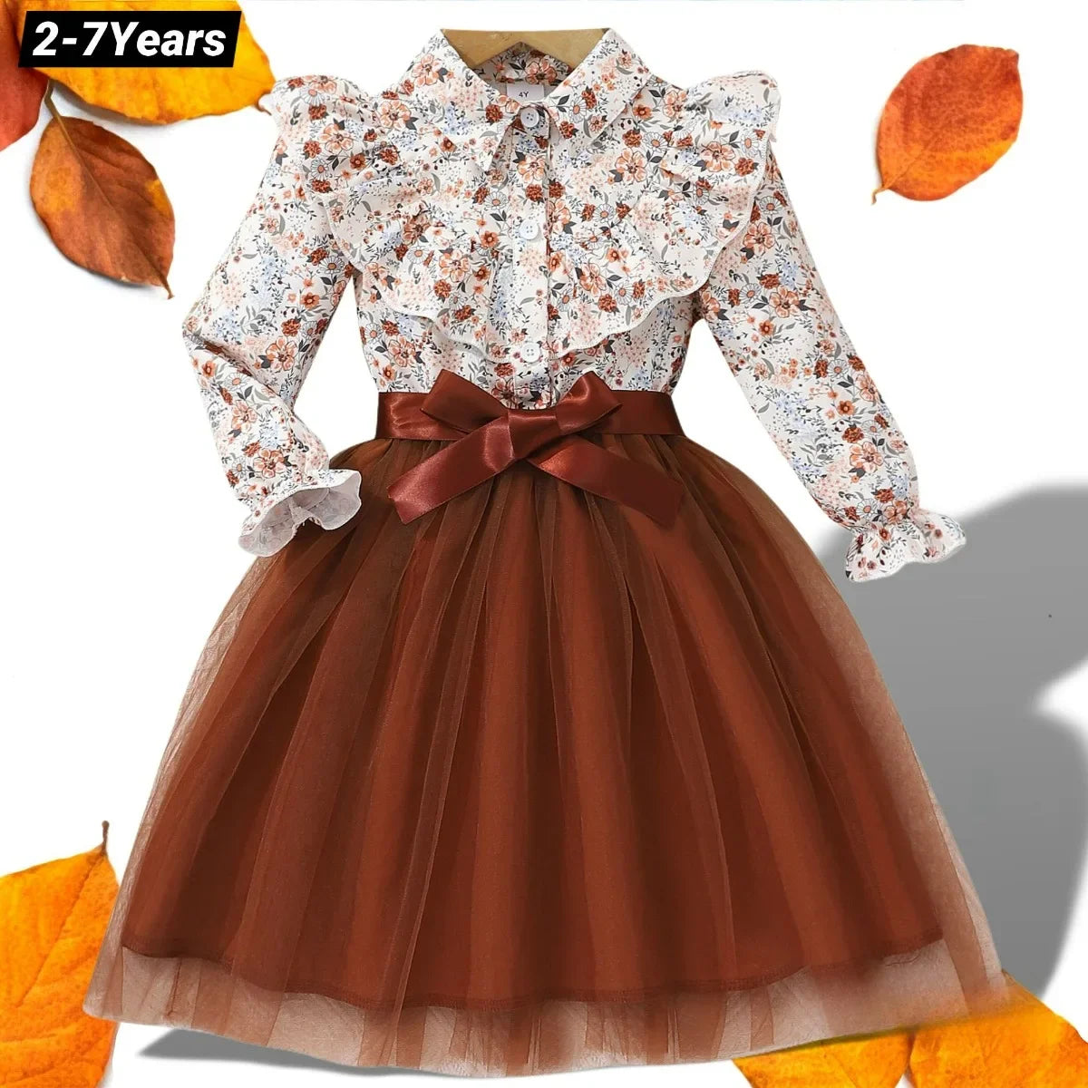 New Kids Girls Dress Long Sleeve Spring Autumn Gauze Belt Children Dress Casual Soft Ventilate Cute Comfort Girls Clothing 2-7Y