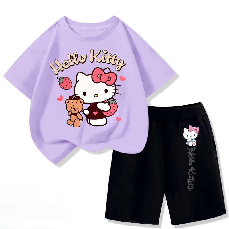 Sanrio Children's T-shirts Sets Girls Summer Short Sleeve Shorts Two Piece Suit Kids Outfits Breathable Sport Clothes Set