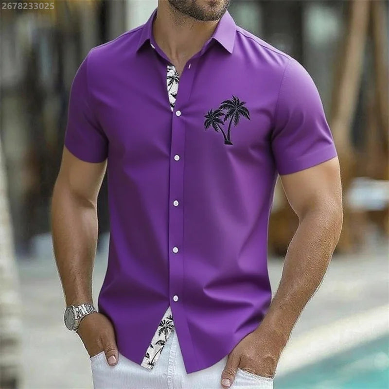 Men's summer tropical plant button coconut pattern Hawaiian short-sleeved beach shirt vacation daily wear fashionable casual