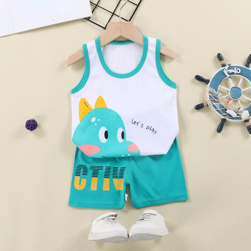 2 Pcs Summer Children's Animal Cartoon Print Vest Sets Girls Clothes Baby Korean Thin Boys Kids Sleeveless Casual Clothing Sets