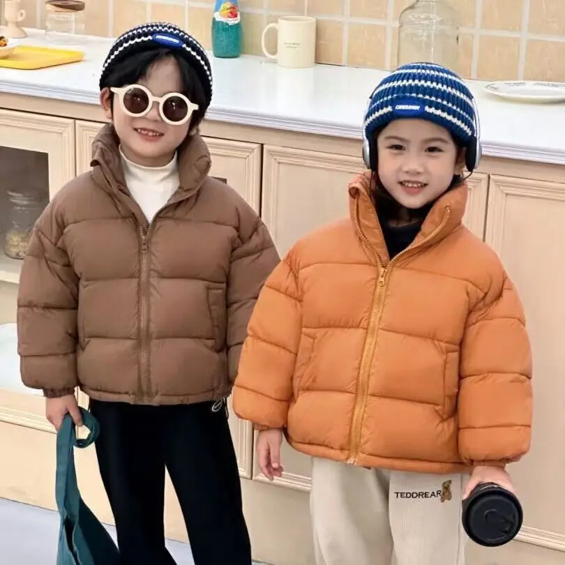 Children Boys Short Thick Parkas Standing Collar Silk Floss Bread Jacket for Boy Girl Letter Warm Solid Toddler Boys Winter Coat