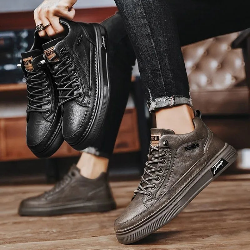 Classic Men Leather Casual Shoes Spring New High Top Platform Shoes Loafers Luxury British Business Style Walking Shoe Masculino