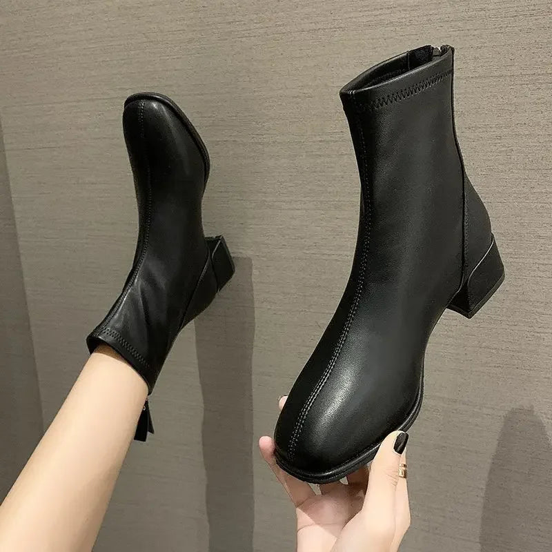 2025 New Elastic Socks Boots Women's Ankle Boots High Heels Thick Heels Square Toe Short Boots Retro Women's Shoes Botas Mujer