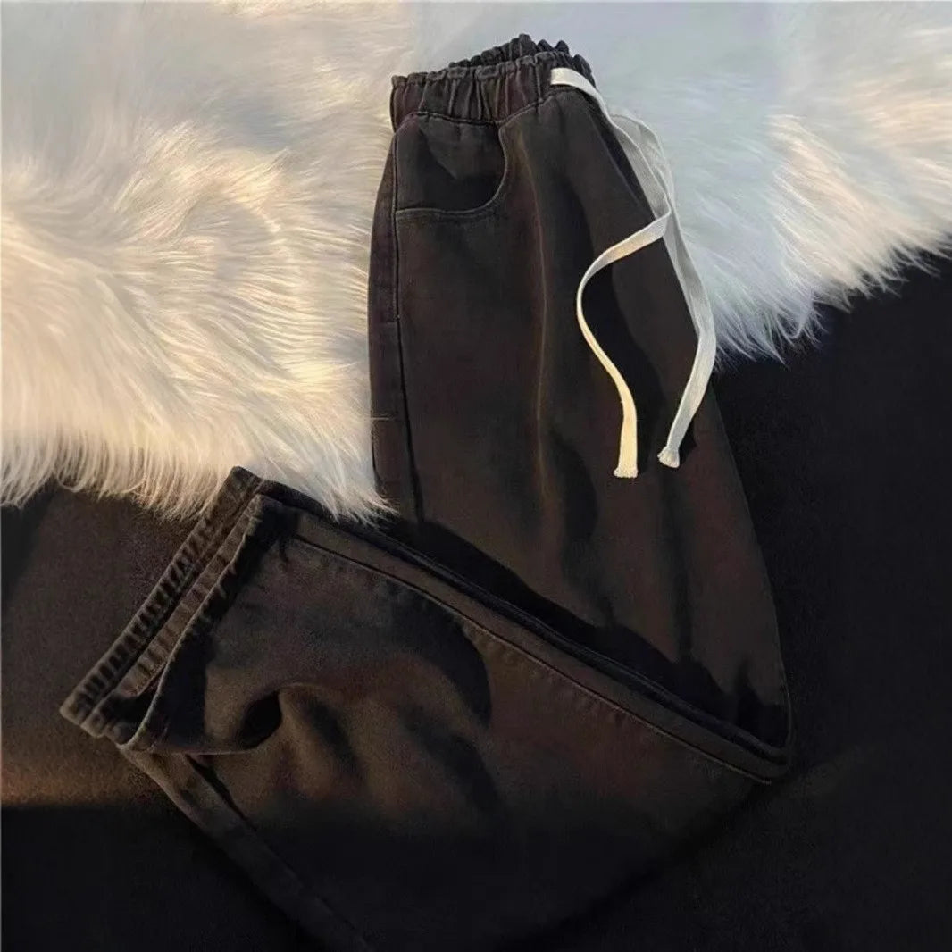 Spring Summer Loose Straight Leg Jeans Women's Versatile Elastic Waist Wide Leg Pants Long Trousers Casual Style High Waist