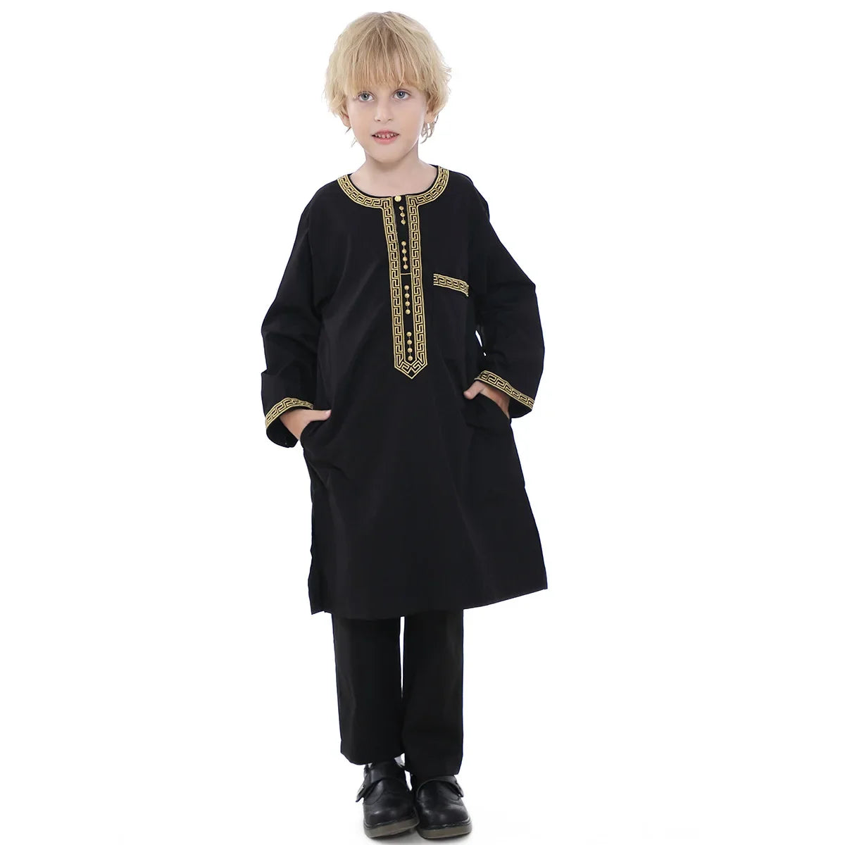 Muslim Children Robe 2 Pieces Set Kids Boy Round Neck Long Sleeve Printed Dress Shirt Abaya Kaftan Jubba Thobe Islamic Clothing