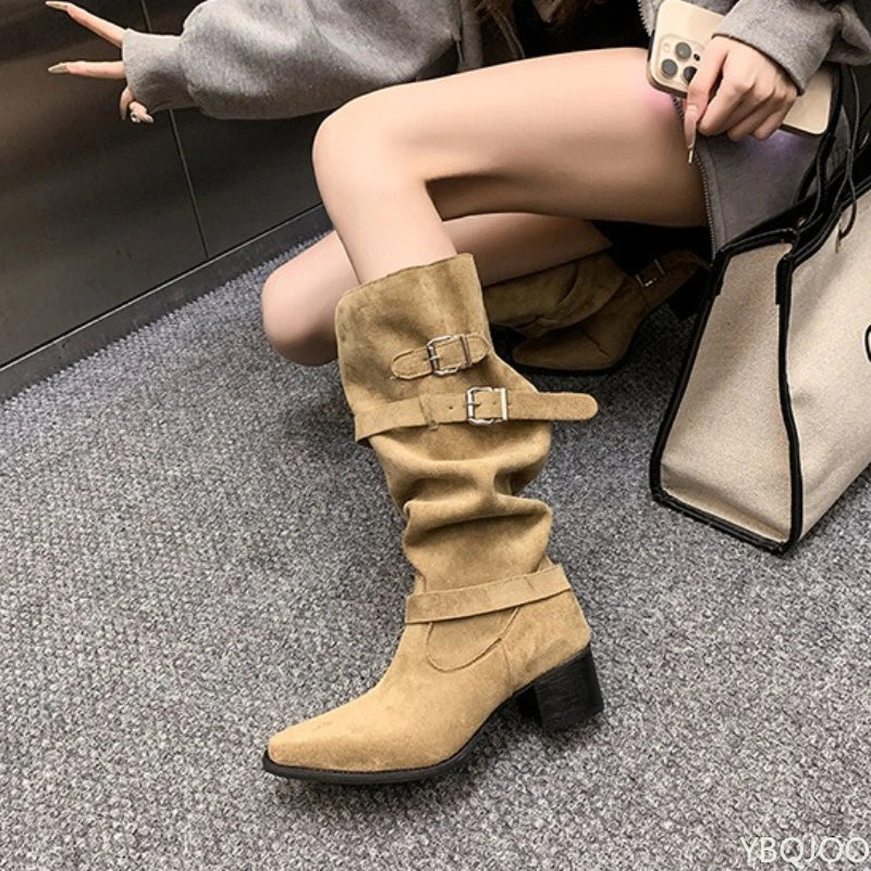 Spring and Autumn Fashion New Pointed Cowboy Coarse Heel Stacked Boots New Style No Knee Large Barrel Giroud Women's Boots