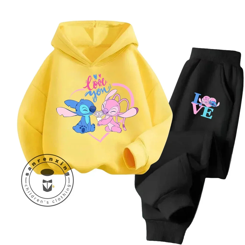 Cartoon Stitch Children Hooded Sweatshirt+Pants Two-piece Set Boy Girl Autumn Winter Daily Outdoor Vacation Warm Soft Sportswear