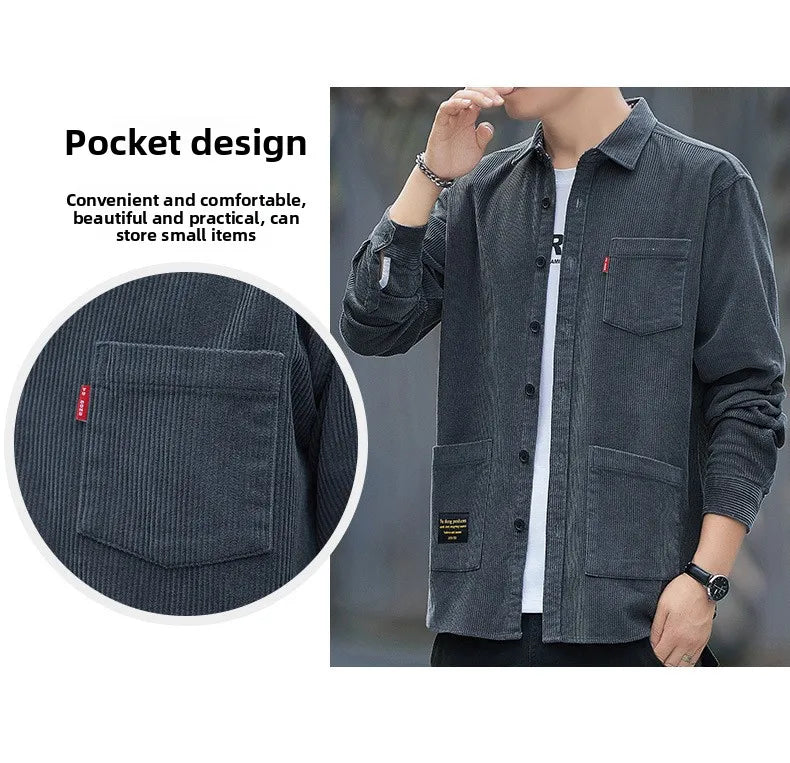 Corduroy Long Sleeve Shirt Casual Slim Fit Youth Multi Pocket Wear Resistant Fashionable Spring Autumn Men's Outerwear