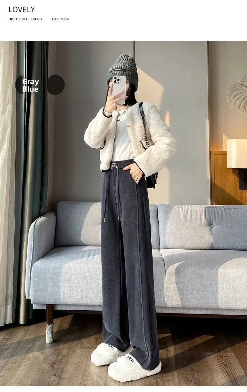 Thickened Fleece Wide Leg Pants Women's Autumn Winter New Style Northeast INS Casual Loose High Rise Straight Leg Trousers