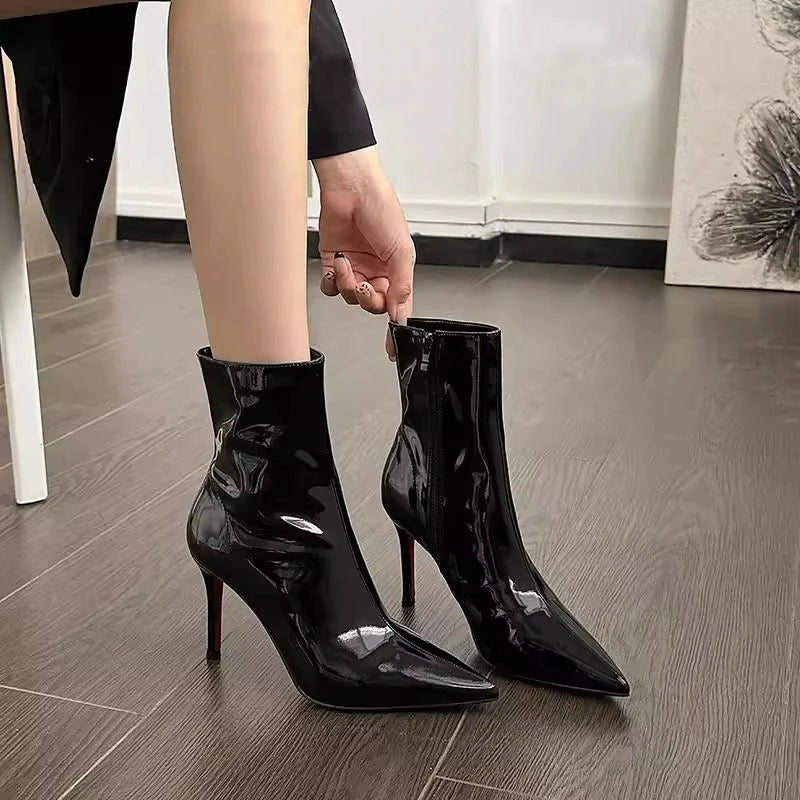 Black Booties Women 2025 Patent Leather Stiletto Pointed Toe Sexy Pump Heels Boots