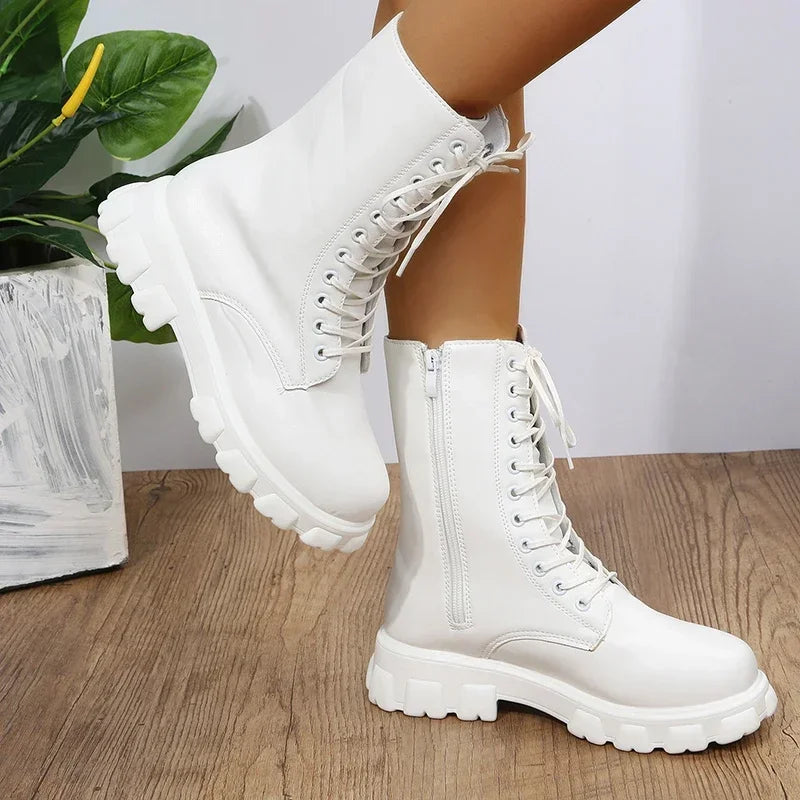 Boots Women 2024 Autumn Winter PU Leather White Ankle Boots Motorcycle Botines Female Chunky Heels Platform Boots Botas Mujer