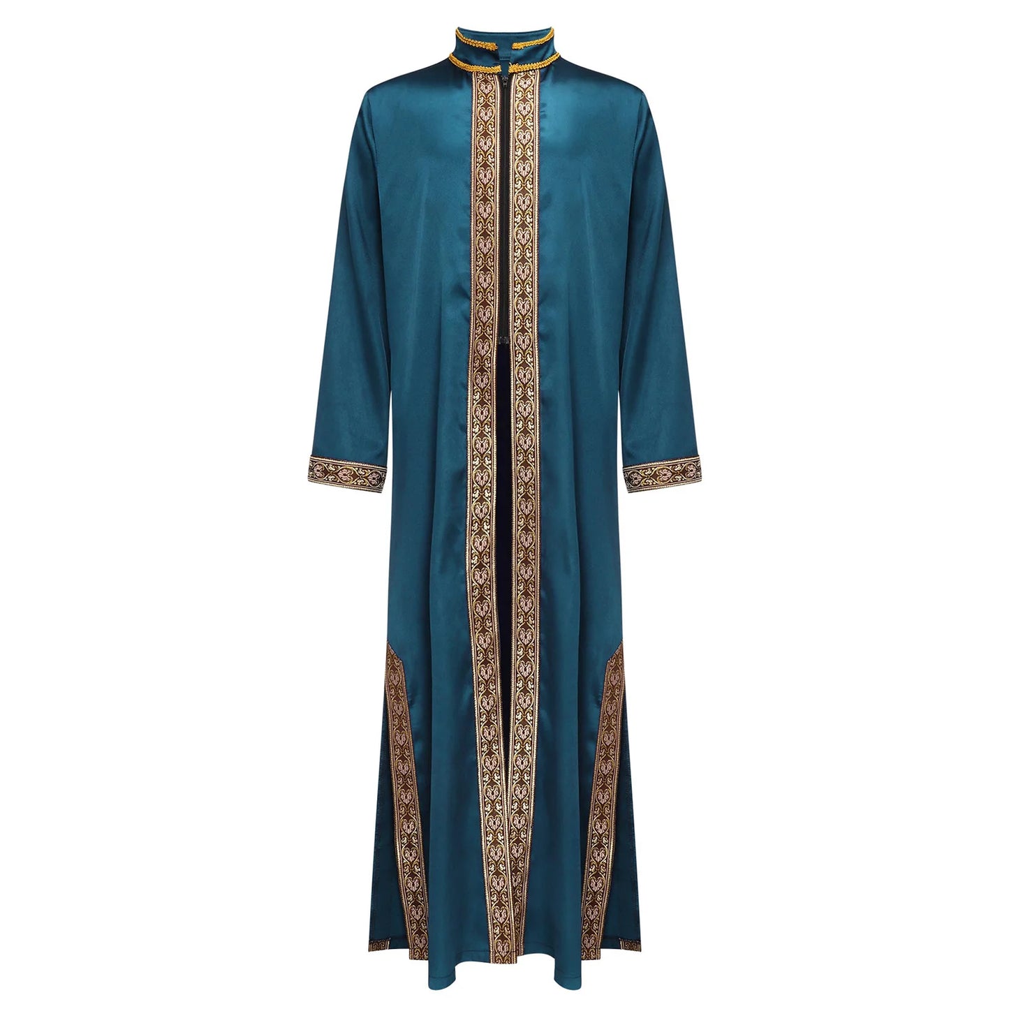 Boys Islamic Robe Kaftans Arab Gown Long Sleeves Slit Zipper Gold Embroidery Maxi Muslim Thobe Kids Festival Holiday Costume