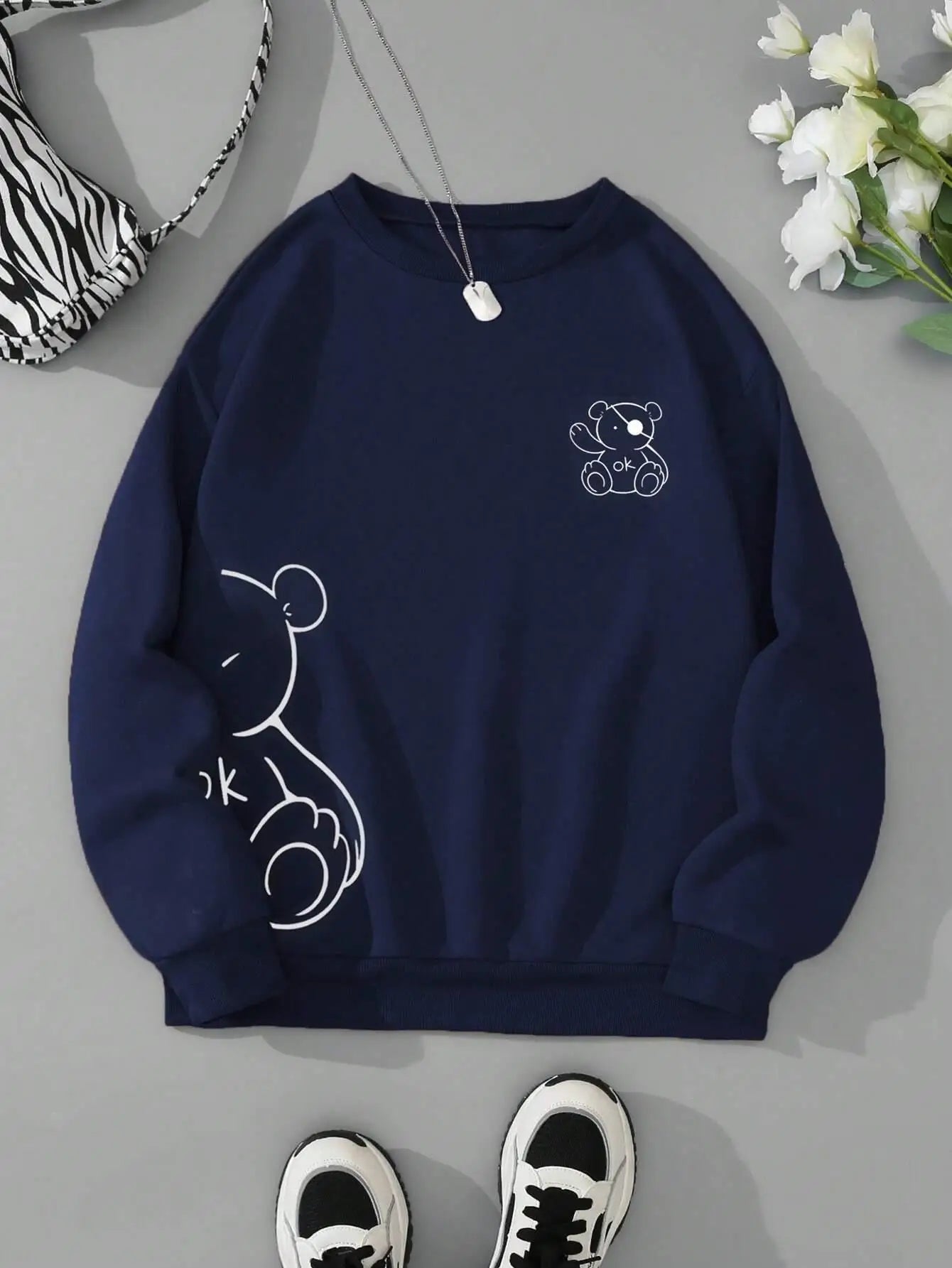 Autumn Winter Womans Sweatshirt Kawaii Ok Bear Graphic Printed Hoodies Comfortable O-Neck Fleece Soft Pullover Trend Sportswear