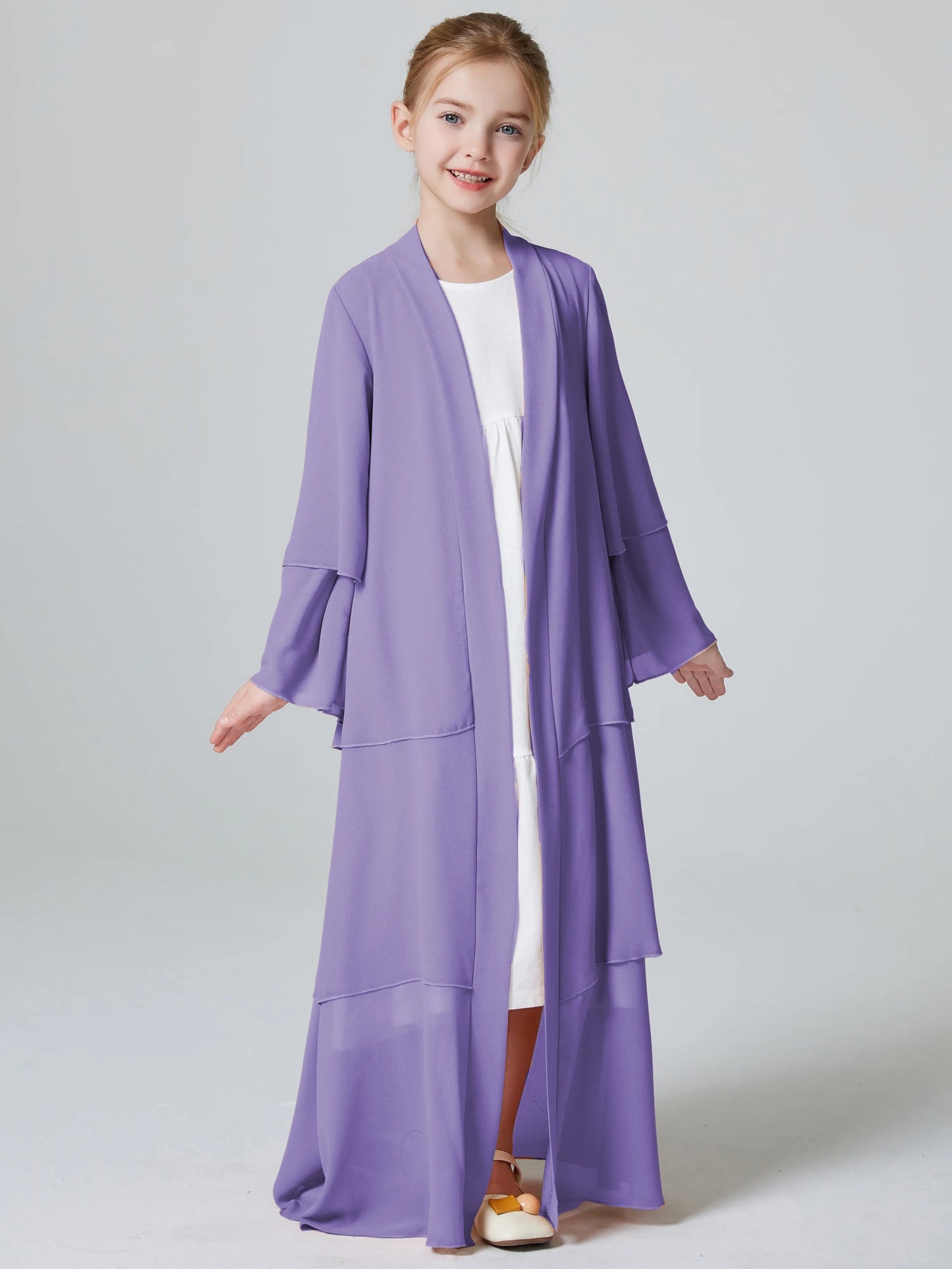 Ramadan Kebaya Muslim Girls Abaya 3 Layered Chiffon Kids Abaya Dress Open Front   Outerwear (Without Hijab)