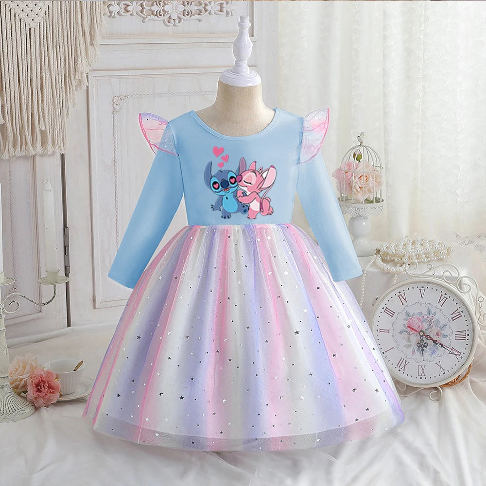 Stitch Princess Dress Autumn New Disney Baby Girls Dress Spring Autumn Long-sleeved For Children Kids Clothes Birthday Party