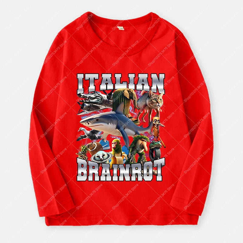 Italian Brainrot Long Sleeve T-shirt for Kids Funny Meme Children Autumn Tops Tung Tung Tung Sahur Tee Boy Girl Clothing Gifts