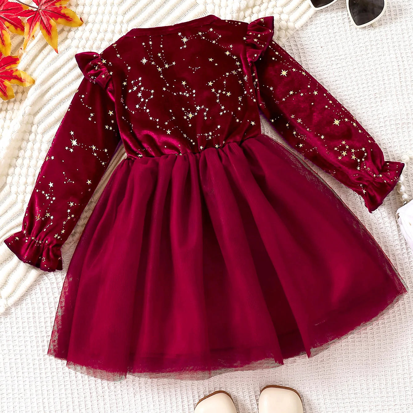 Girl Dress Autumn Winter Velvet Long Sleeved Mesh Bow Princess Dress Children's New Year Children Party Festive Dress For Girl