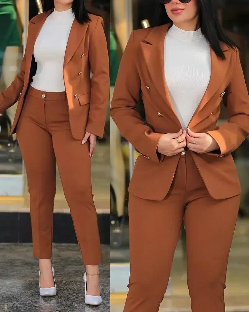 2025 Spring Autumn Two Piece Set Women Office Tracksuits For Ladies Outfits Lapel Collar Double Breasted Blazer Suit Pants Set