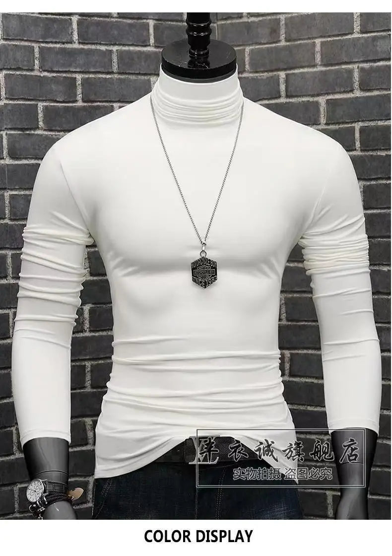Trendy Casual Turtleneck Men's Modal Winter Sweater turtleneck Cool Blouse Tight Modal T-shirt Youth Solid Color Base Shirt Top