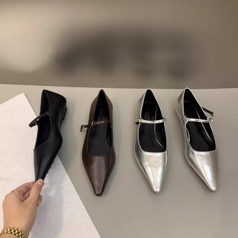 Flat Shoes for Women 2025 Spring Autumn New Mary Jane Shoes Low Heel Pointed Flat Bottomed Women's Shoes Plus Size 42 43 44