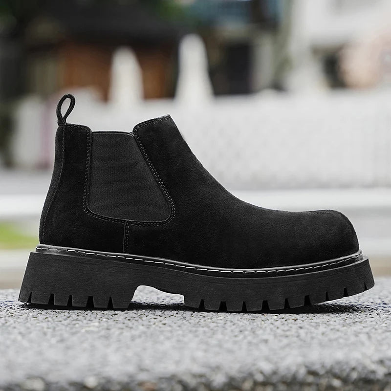High Quality Fashion Mens Boots Black Boots Fashion Casual British Style Thick Bottomed Mid-top Chelsea Boots Large Size