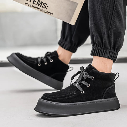 Men's High-top Boots in Solid Colors Flat Heels and Lace-up A Trendy Brand Design for The Four Seasons Fashion Walking Boots