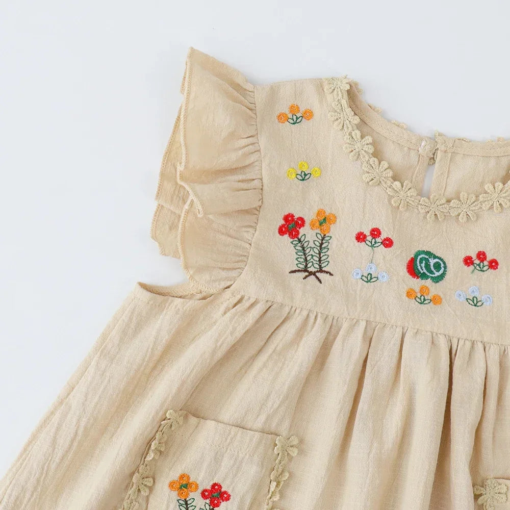 Kids Dresses for Girls Summer Khaki Embroidered Ruffle Edge Dress Sleeveless Lace Round Neck Pocket Dress Kids Clothes