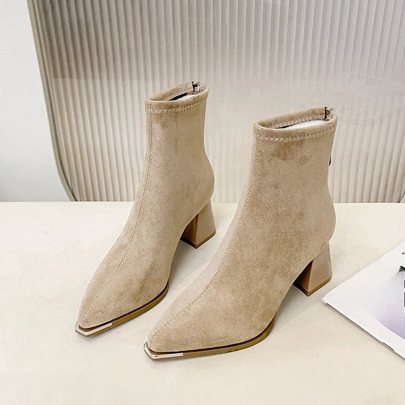 Fashion Pointed Toe Suede Single Boots 2025 New Temperament Block Heel Fashion Boots Booties Women